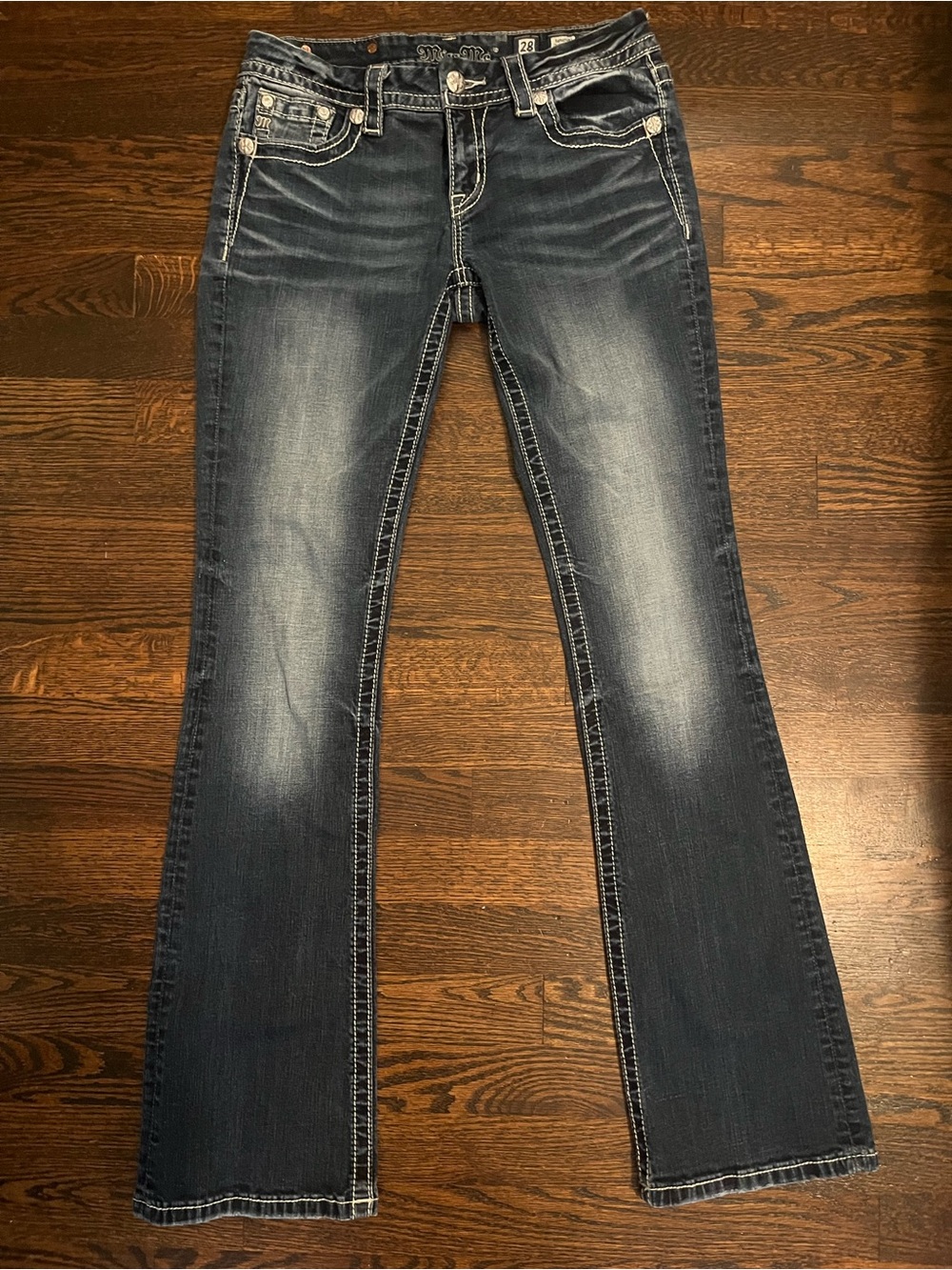 Y2K Miss Me Low Rise Bootcut Jeans Size 28 Rhinestone Leather Pockets